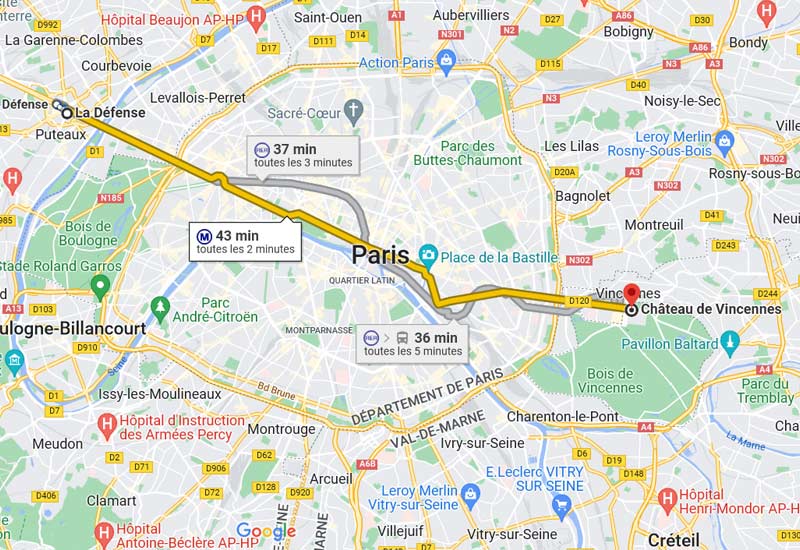 carte trajet ligne 1 du métro de Paris