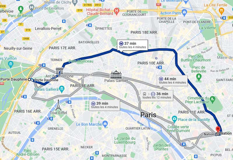 carte trajet ligne 2 du métro de Paris