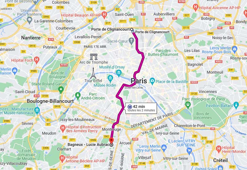 carte trajet ligne 4 du métro de Paris