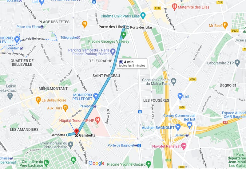 carte trajet ligne 3bis du métro de Paris